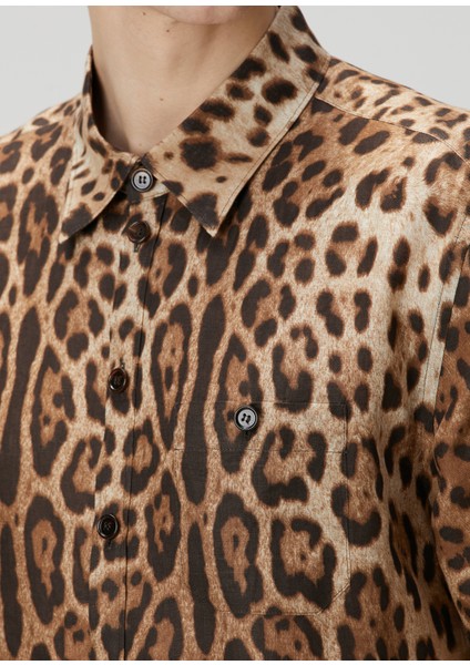 Leopar Desenli Kısa Kollu Keten Gömlek