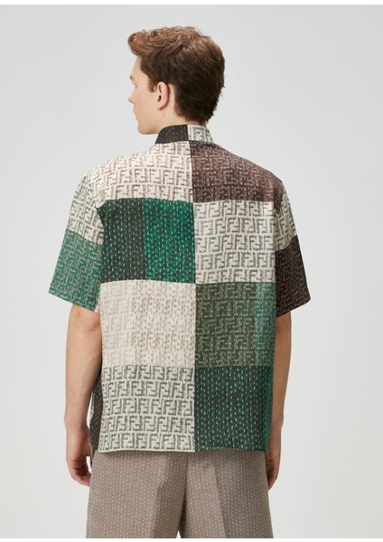 Haki Colorblocked Desenli Kısa Kollu Keten Gömlek