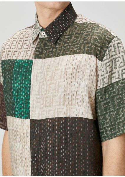 Haki Colorblocked Desenli Kısa Kollu Keten Gömlek