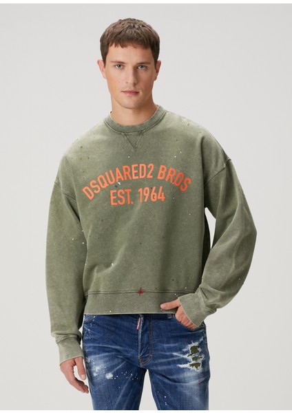 Boxy Fit Haki Logo Baskılı Sweatshirt