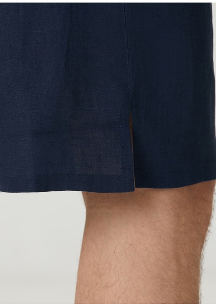 Lacivert Beli Kordonlu Keten Bermuda