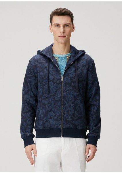 Lacivert Kapüşonlu Etnik Desenli Sweatshirt