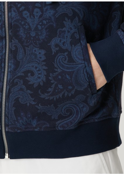 Lacivert Kapüşonlu Etnik Desenli Sweatshirt