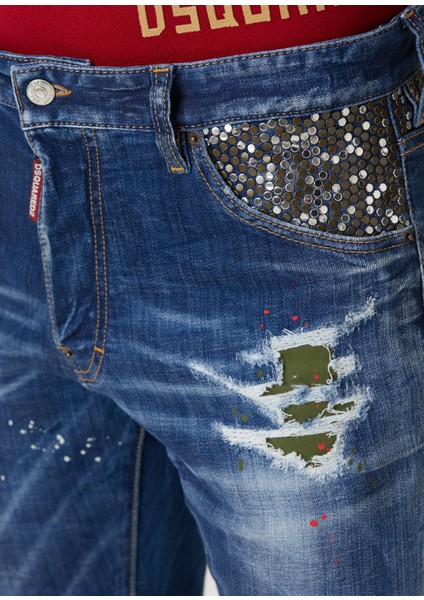 Skater Mavi Yıpratmalı Trok Işlemeli Jean Pantolon