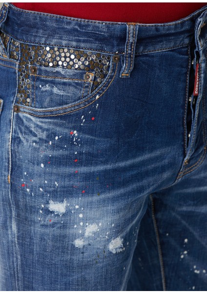 Skater Mavi Yıpratmalı Trok Işlemeli Jean Pantolon