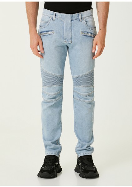 Açık Mavi Biker Jean Pantolon