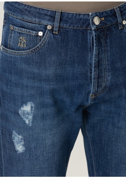Lacivert Yıpratma Detaylı Jean Pantolon