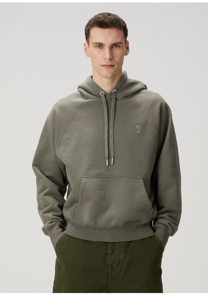 Haki Kapüşonlu Organik Pamuk Sweatshirt