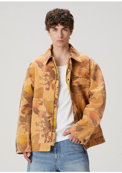 Turuncu Çiçek Desenli Denim Mont