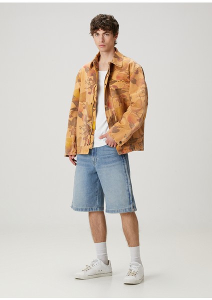 Turuncu Çiçek Desenli Denim Mont