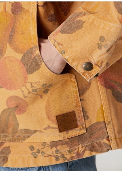 Turuncu Çiçek Desenli Denim Mont