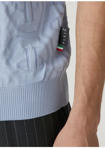 Açık Mavi Polo Yaka Logo Jakarlı Ipek Triko