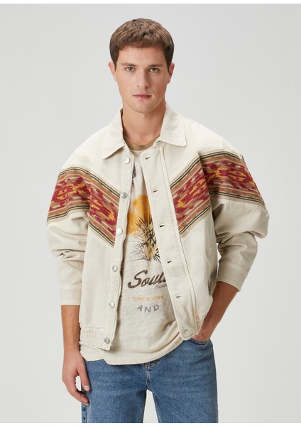 Ekru Desen Şeritli Denim Mont