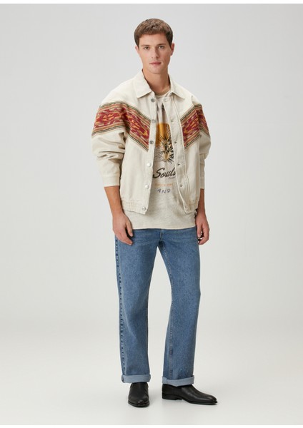 Ekru Desen Şeritli Denim Mont