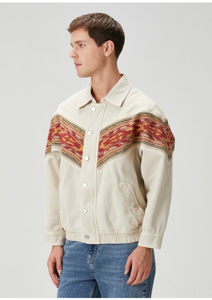 Ekru Desen Şeritli Denim Mont