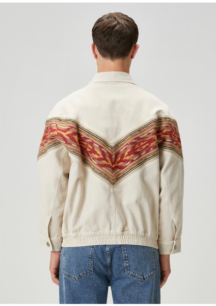 Ekru Desen Şeritli Denim Mont