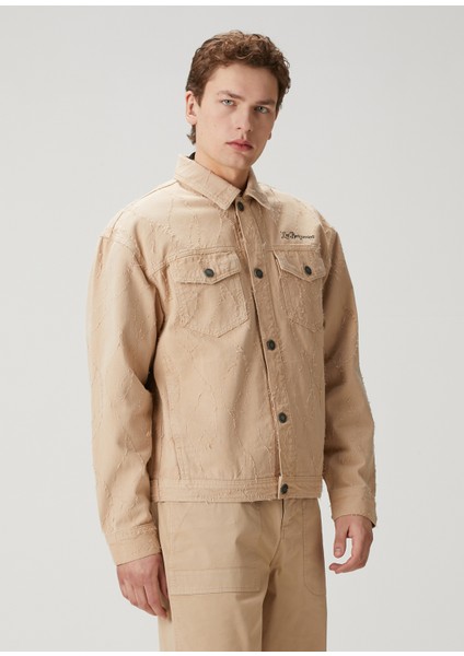 Bej Yıpratma Detaylı Denim Ceket