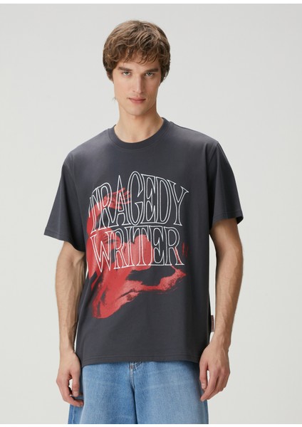 Gri Slogan Baskılı T-Shirt