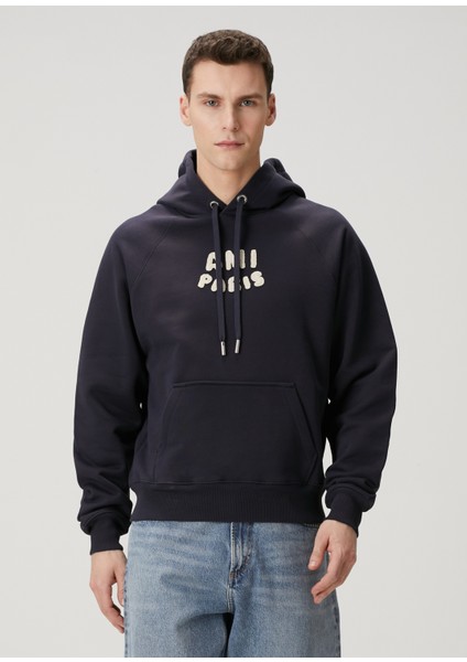 Lacivert Kapüşonlu Logolu Organik Pamuk Sweatshirt