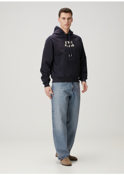 Lacivert Kapüşonlu Logolu Organik Pamuk Sweatshirt
