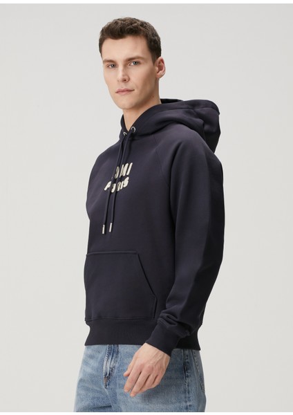 Lacivert Kapüşonlu Logolu Organik Pamuk Sweatshirt