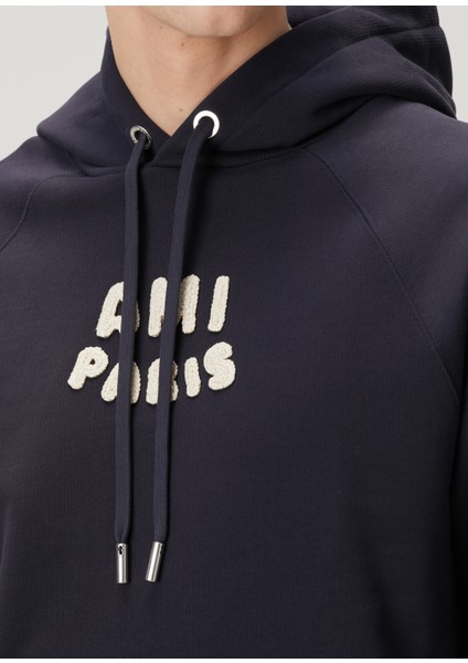 Lacivert Kapüşonlu Logolu Organik Pamuk Sweatshirt