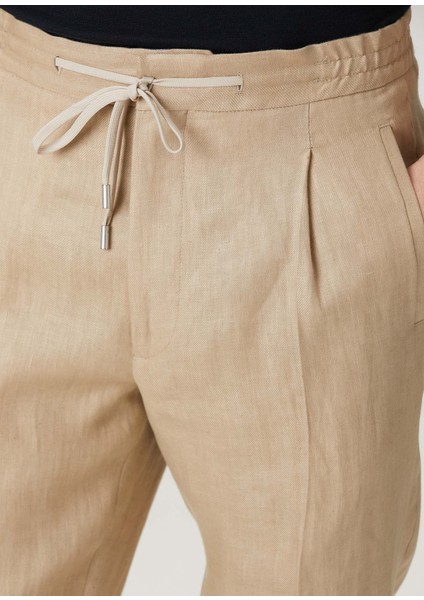 Koyu Bej Beli Kordonlu Pilili Keten Pantolon fırsatları