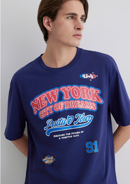 New York Baskılı Lacivert Tişört 0612815-70496