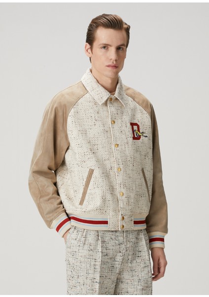 Ekru Tweed Dokulu Bomber Mont