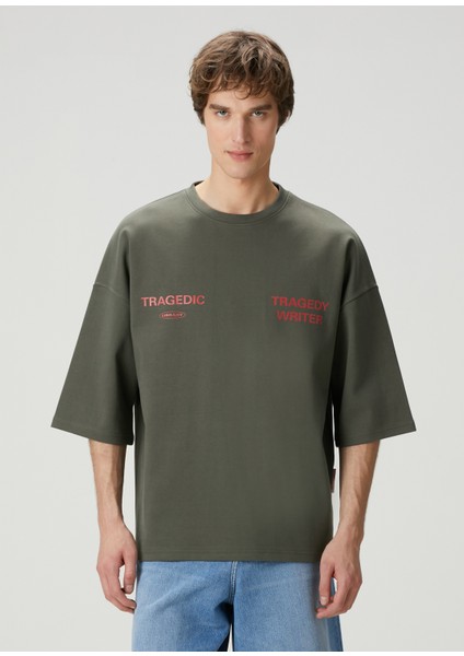 Haki Slogan Baskılı T-Shirt