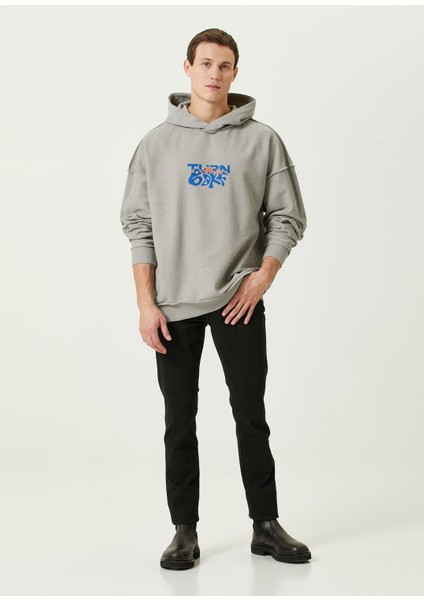 Gri Logo Baskılı Kapüşonlu Erkek Sweatshirt modelleri