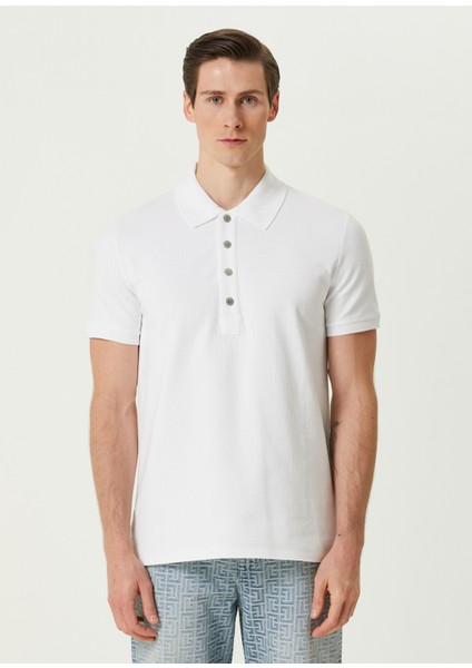 Beyaz Polo Yaka Logo Jakarlı T-Shirt