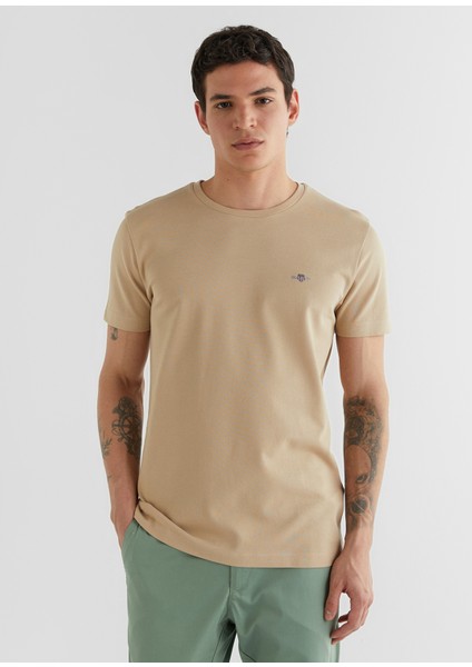 Bej Bisiklet Yaka Slim Fit Kısa Kollu Erkek T-Shirt