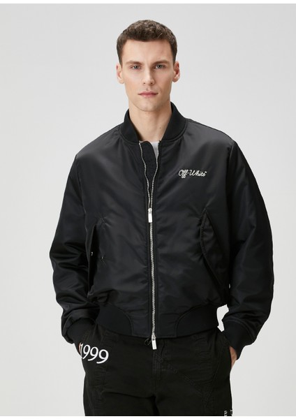 Siyah Logo Nakışlı Bomber Mont