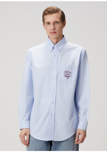 Regular Fit Slogan Vignes Açık Mavi Gömlek