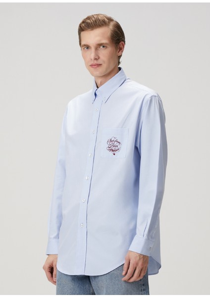 Regular Fit Slogan Vignes Açık Mavi Gömlek