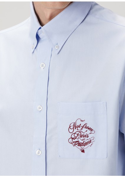 Regular Fit Slogan Vignes Açık Mavi Gömlek