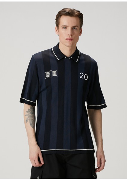 Loose Fit Liga Lacivert Polo Yaka Kısa Kollu Triko