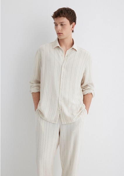 Keten Karışımlı Çizgili Ekru Gömlek 0211617-83884 fiyatları