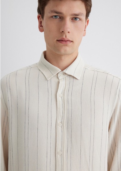 Keten Karışımlı Çizgili Ekru Gömlek 0211617-83884 indirimleri