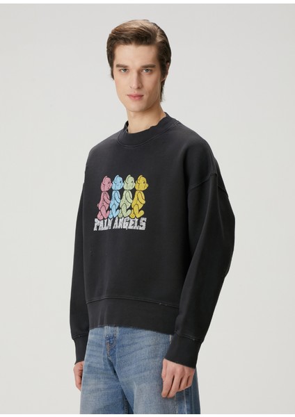 Siyah Logo Baskılı Yıpratma Detaylı Sweatshirt