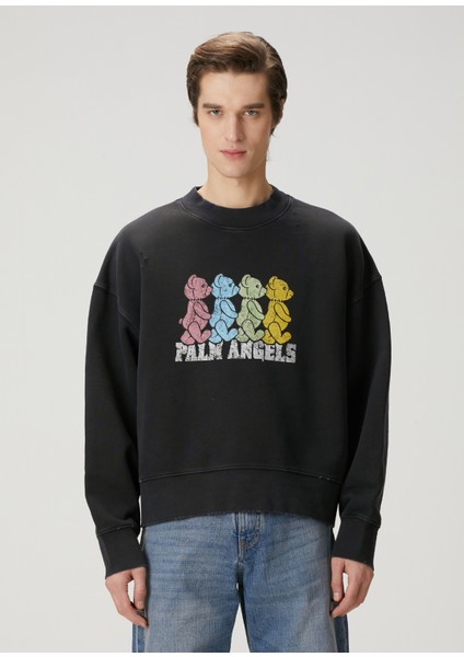 Siyah Logo Baskılı Yıpratma Detaylı Sweatshirt modelleri