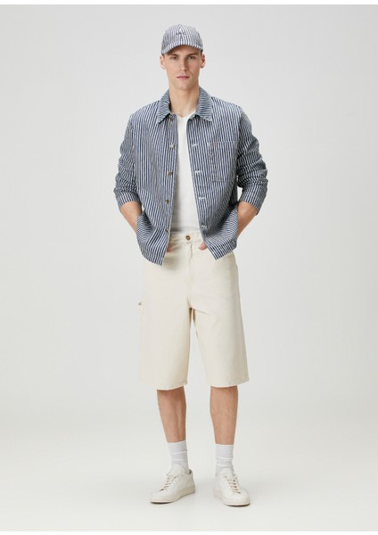 Indigo Çizgi Desenli Denim Ceket