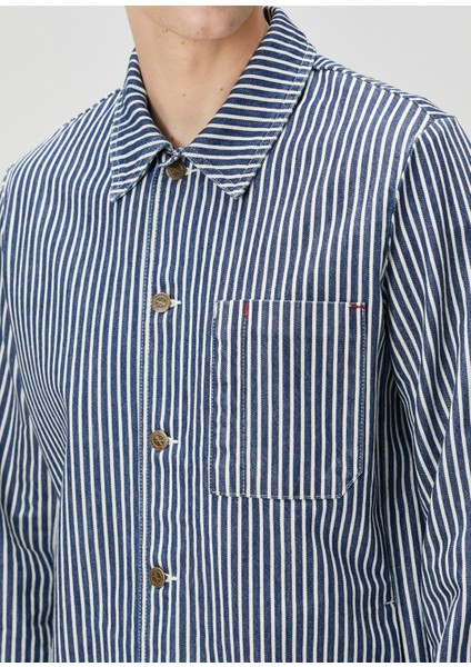 Indigo Çizgi Desenli Denim Ceket indirimleri