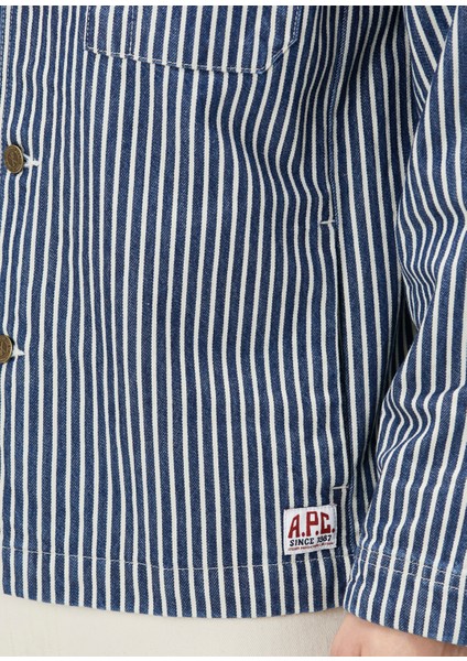 Indigo Çizgi Desenli Denim Ceket