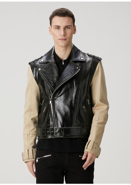 Siyah Kemerli Deri Biker Ceket