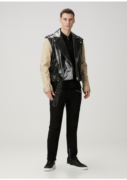 Siyah Kemerli Deri Biker Ceket
