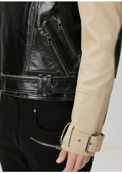 Siyah Kemerli Deri Biker Ceket