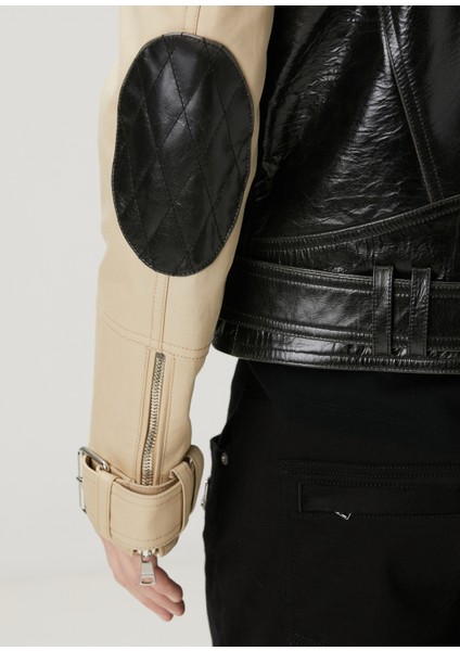 Siyah Kemerli Deri Biker Ceket
