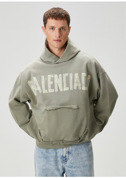 Large Fit Haki Kapüşonlu Logolu Sweatshirt